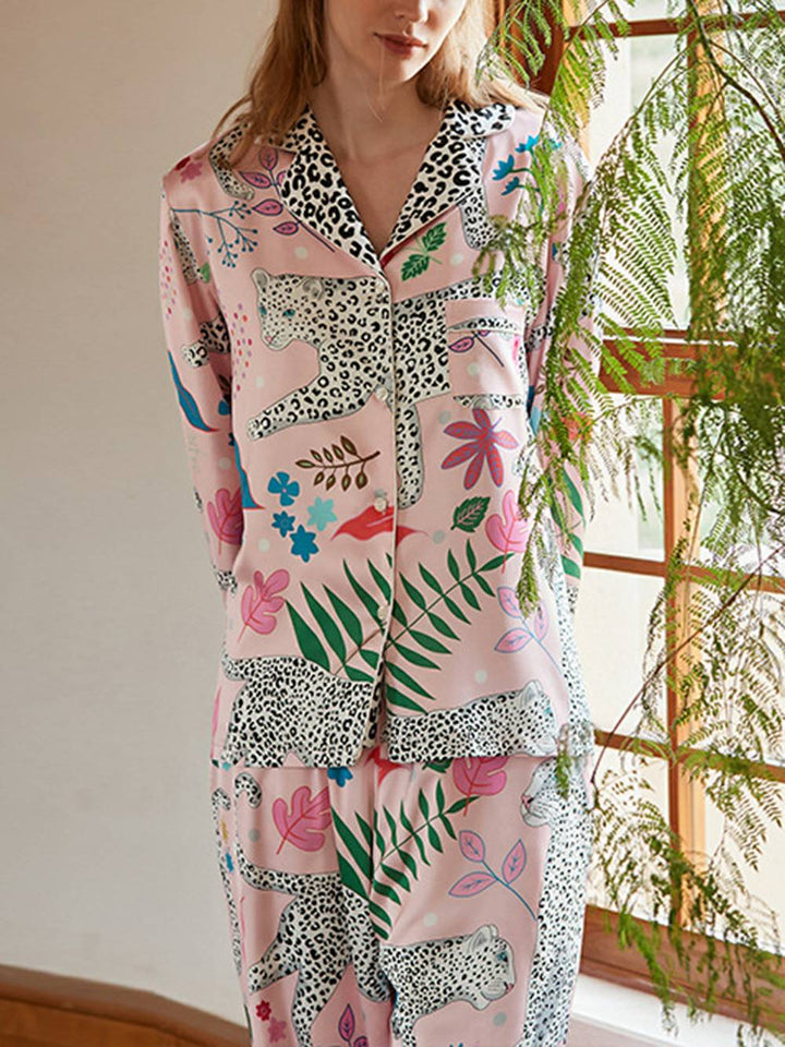 Set pijama din mătase Dressing Pink Snow Leopard