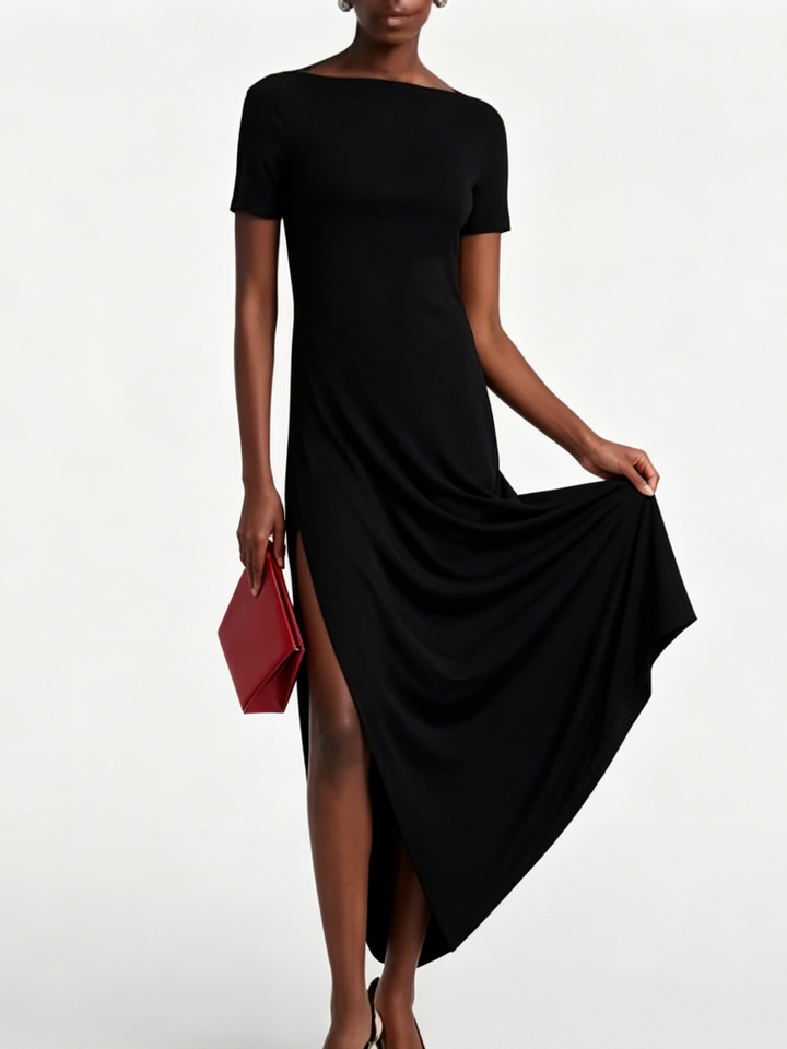 Bateau Backless Asymmetrical Slit Midi Dress