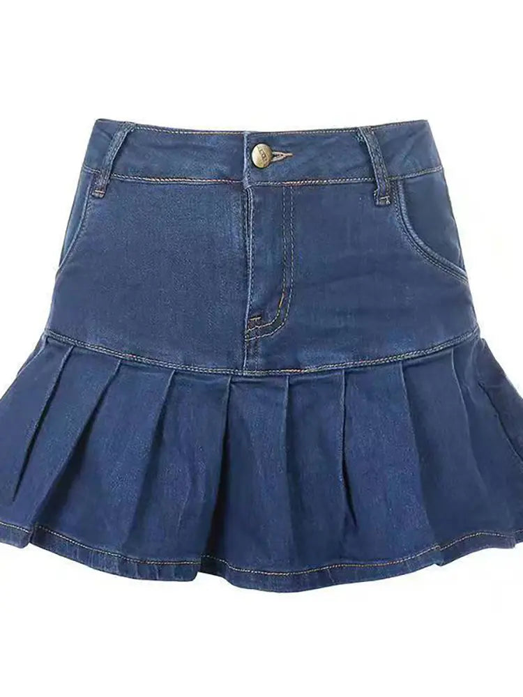 Saia de Denim com Renda de Cintura Alta