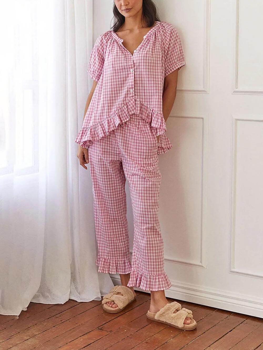 Casual Ruffled Plaid Print Shirt Pajama Set