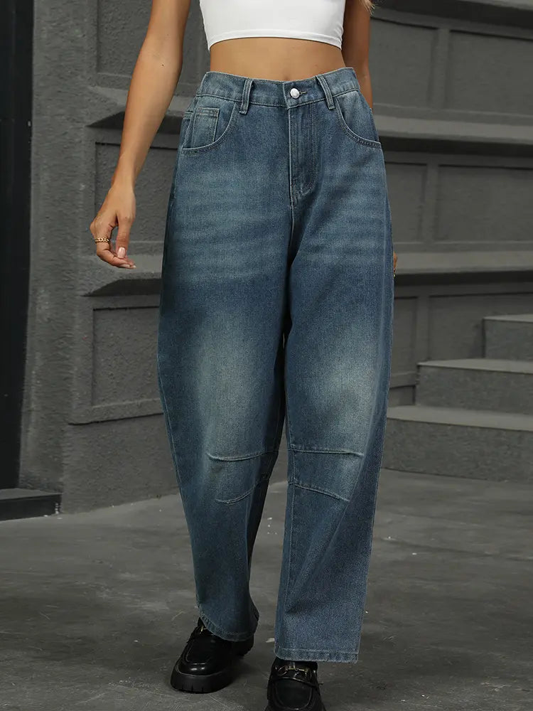 Pantaloni Harem in Denim Lavati Relaxed Cropped