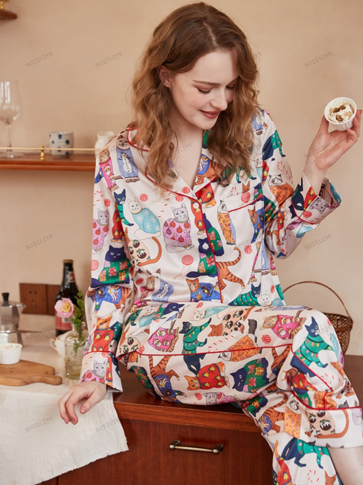 Cute Cat Print Ice Silk Long-Sleeve Pajama Set