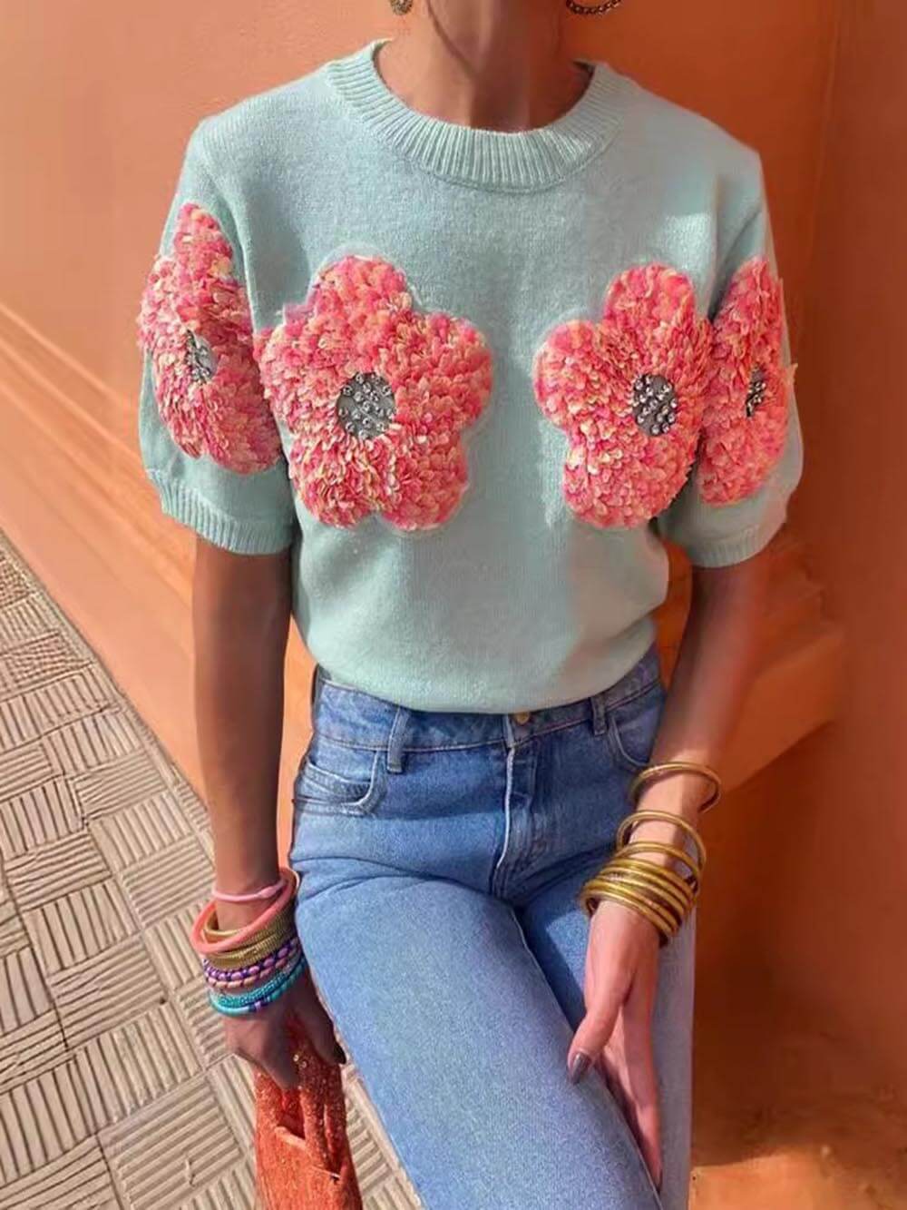 Sweet Contrast Color Flower Round Neck Short Sleeve Sweater