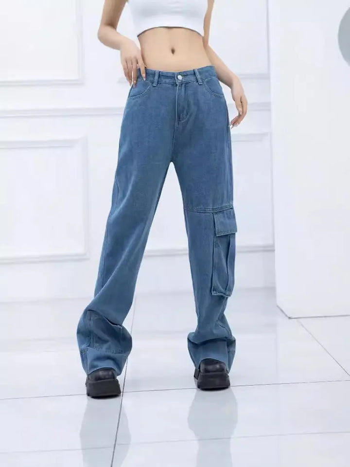 Jeans retro streetwear cu talie înaltă