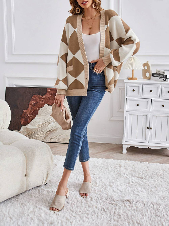 V-Neck Geometric Color Block Knit Cardigan