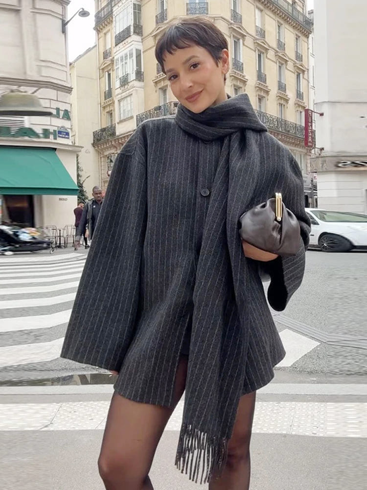 Stylish Striped Blazer with Scarf