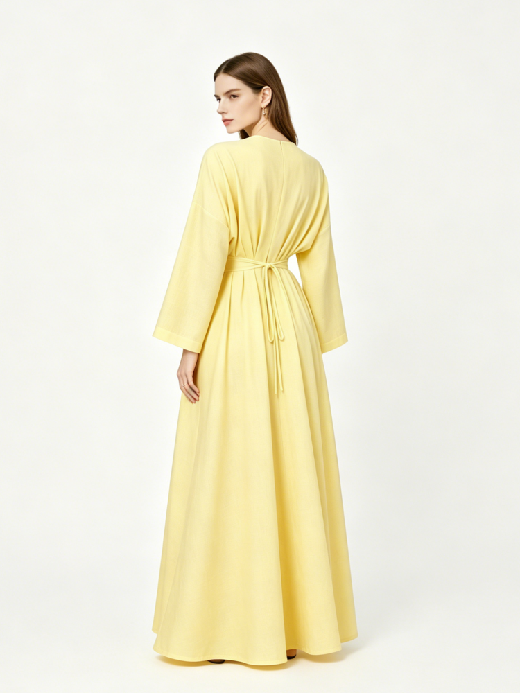 Linen Batwing Maxi Dress With Belt