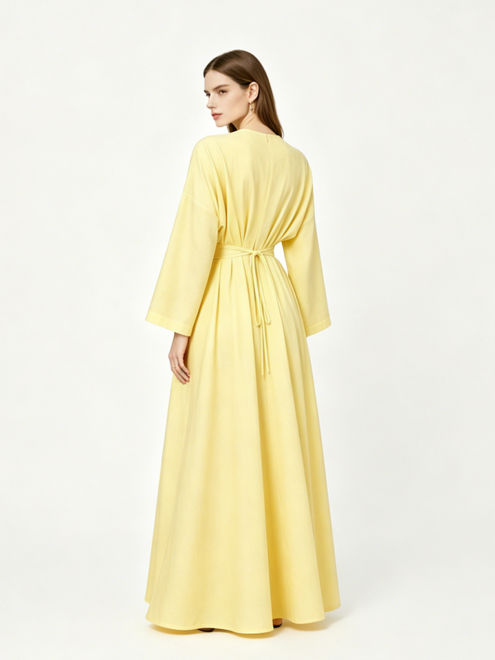 Linen Batwing Maxi Dress With Belt