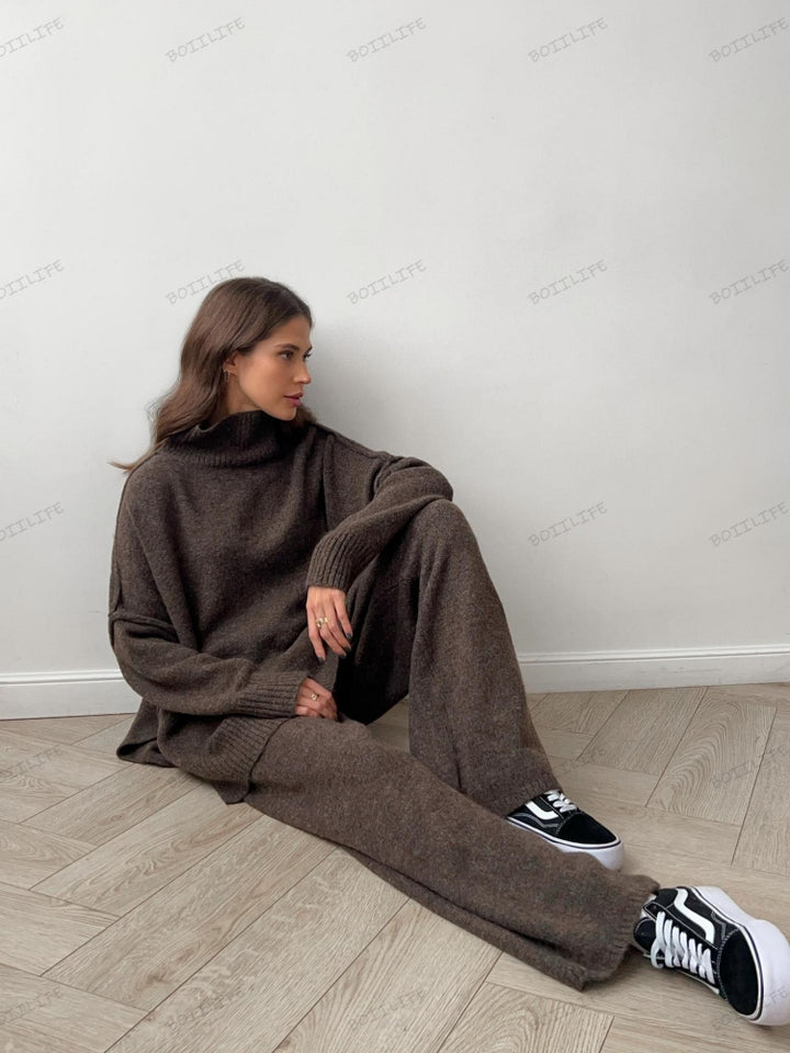 Turtleneck Split Sweater Løs Strik Bukser Sæt