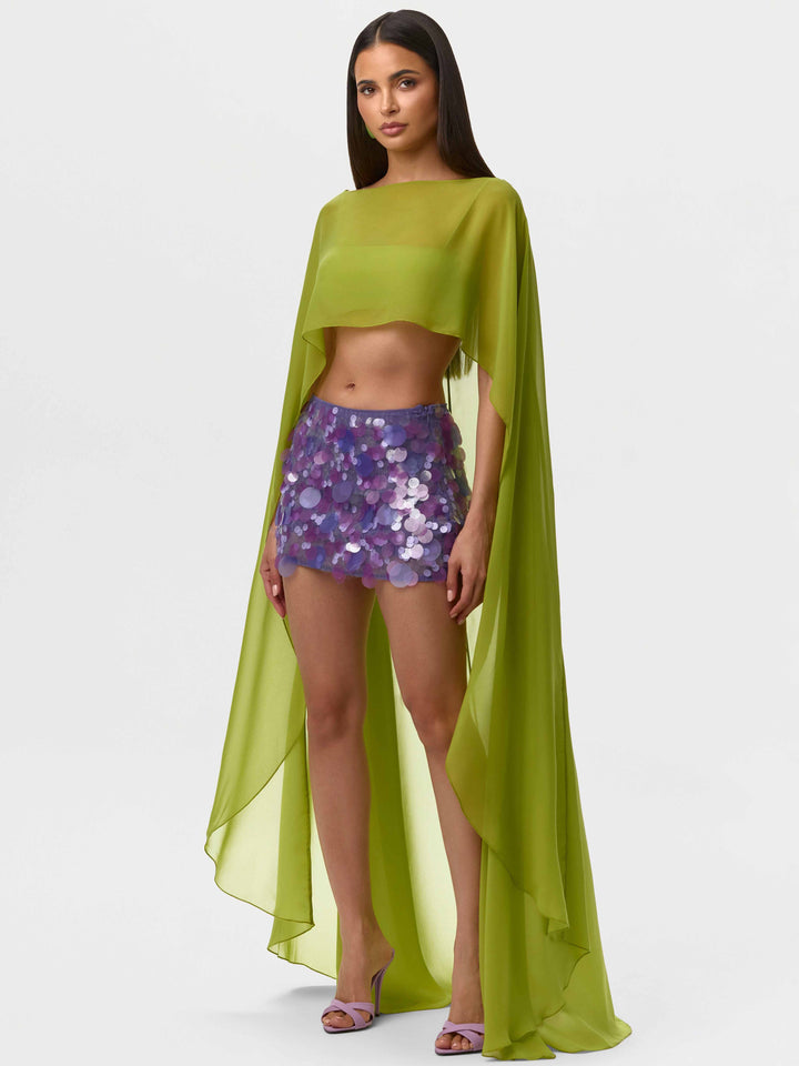 Chiffon Cape Crop Top & Satin Feather Mini Skirt
