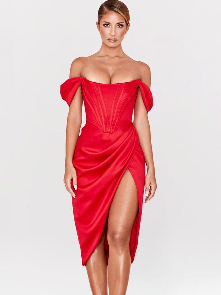 Robe midi bodycon corset à épaules dénudées - Rouge