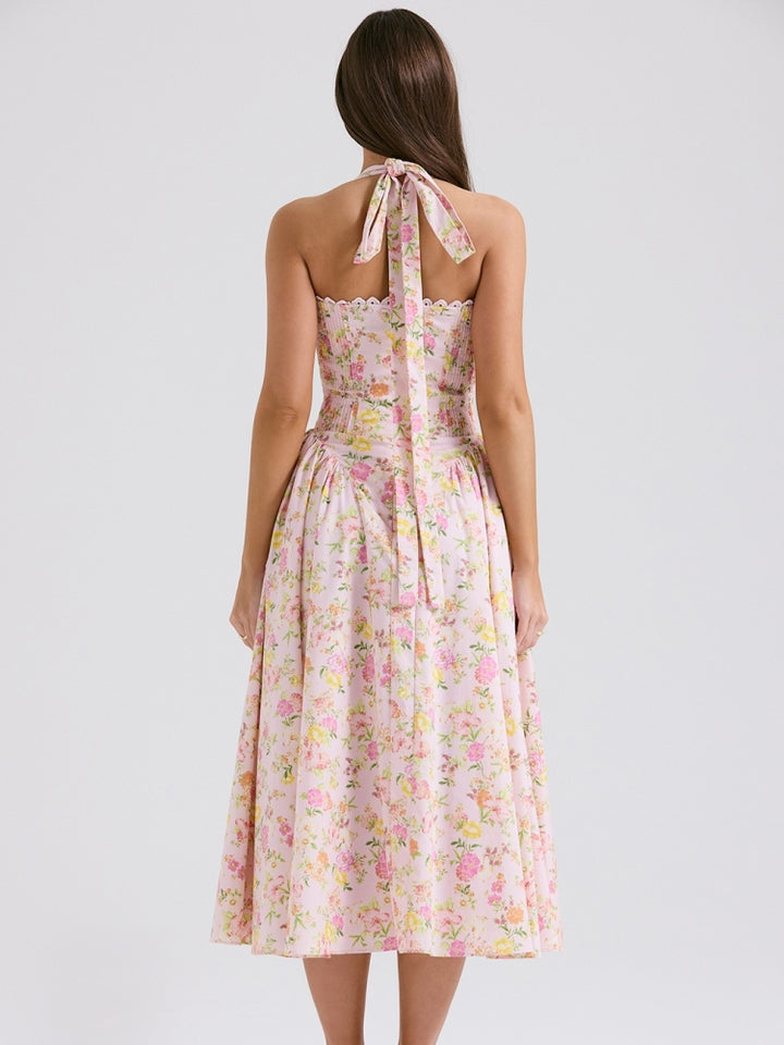 Pink Meadow Print Backless Midi Tank Dress