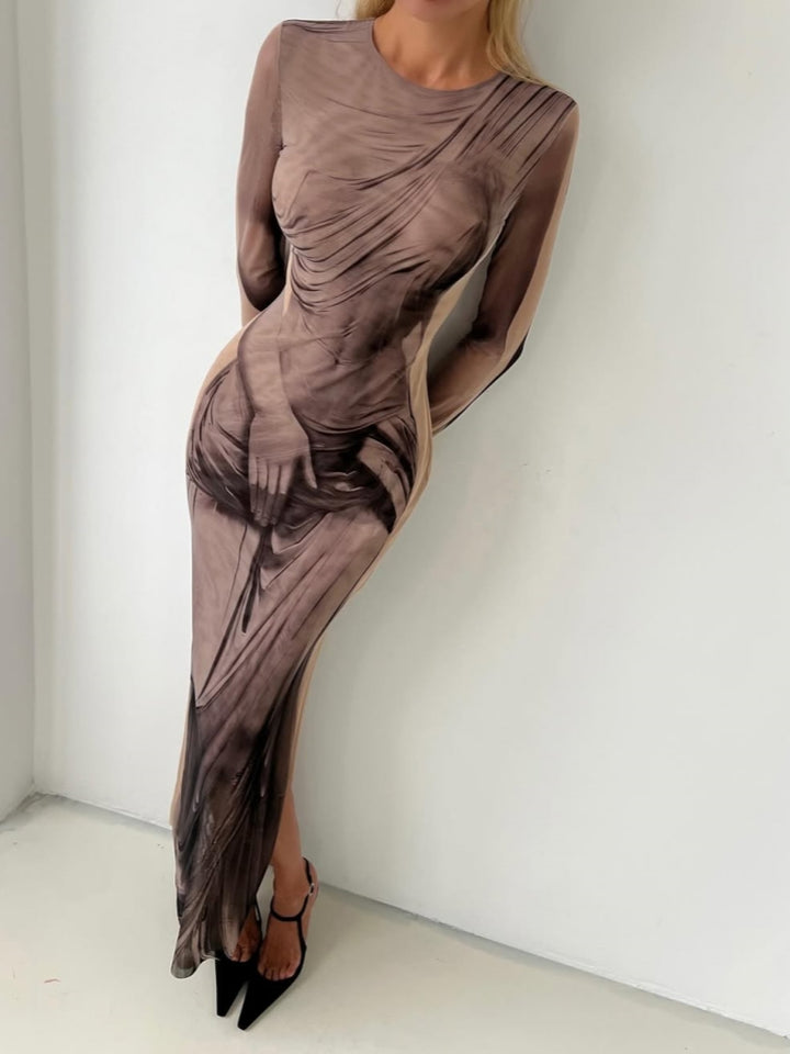 Painted-Effect Mesh Maxi Dress