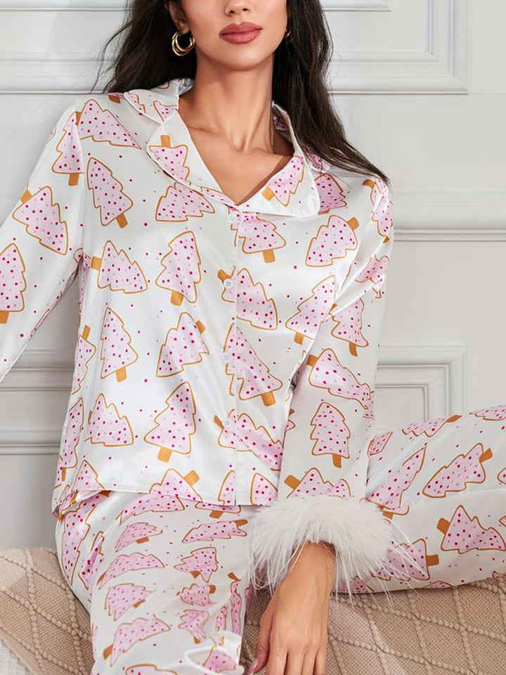 Ensemble de Pyjama en Satin Imprimé Arbre de Noël