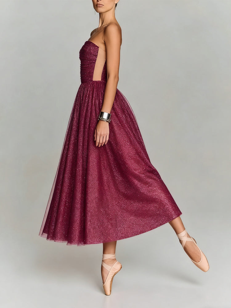 Ruched Mesh Long Evening Dress