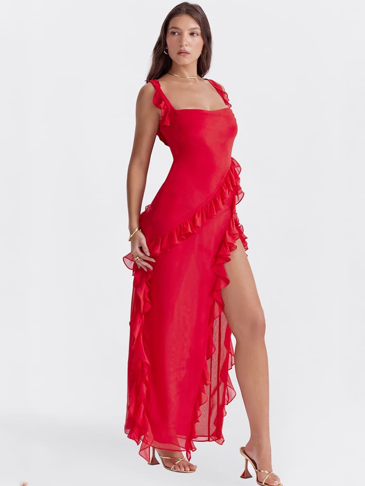 Robe longue maxi à bretelles froncées - Rouge