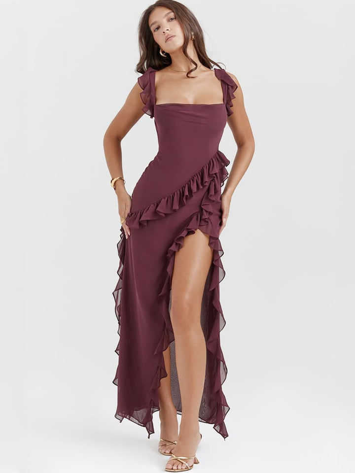 Ruffled Long Maxi Slip Dress - Mulberry