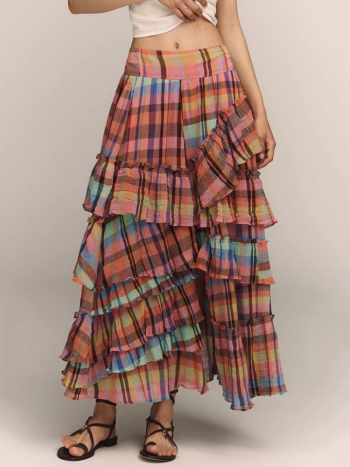 Plaid Ruffled Tiered Asymmetrical Maxi Skirt