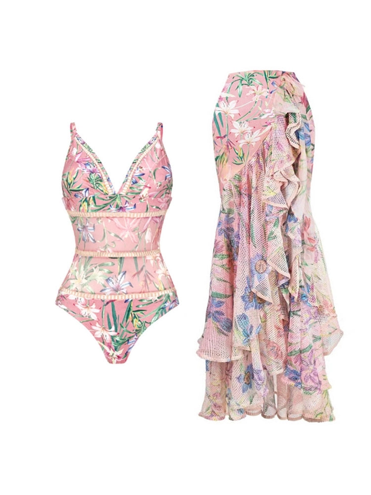 Mesh-Patchwork-Badeanzug-Set mit Print