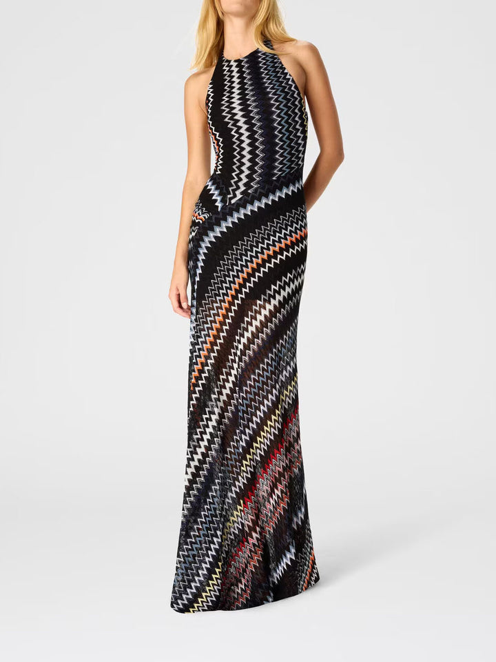 Herringbone Print Halter Neck Maxi Dress