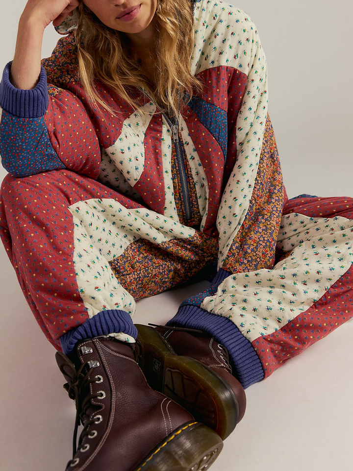 Patchwork Floral Print Hooded Jumpsuit