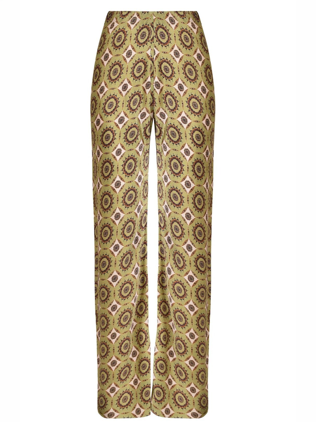 Pantaloni svasati in raso stampato, taglio sbieco