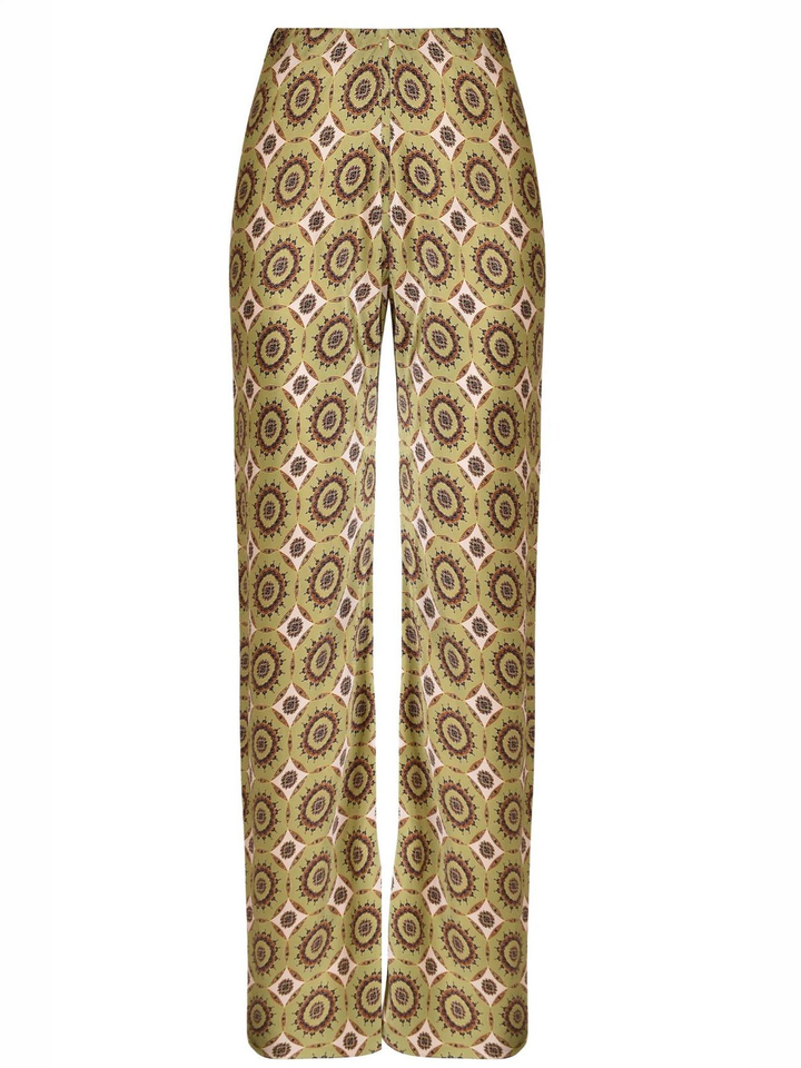 Pantaloni svasati in raso stampato, taglio sbieco