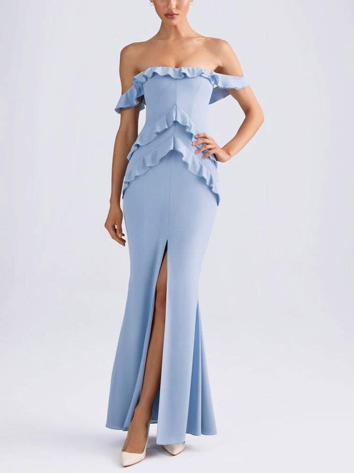 Off-Shoulder Ruffle-Trim Gown sa Light Blue