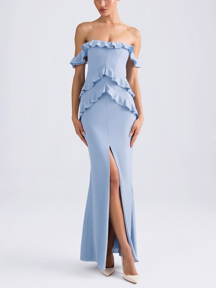 Off-Soulder Ruffle-Trim kjole i lyseblått