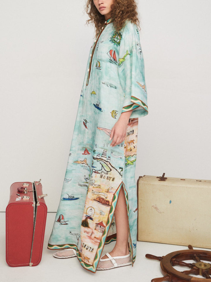 Modernong Satin Art Island Print Slit Maxi Dress