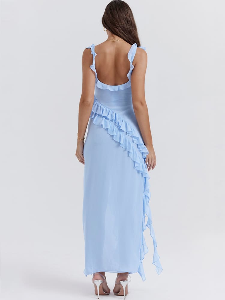 Ruffled Long Suspender Dress - Asul