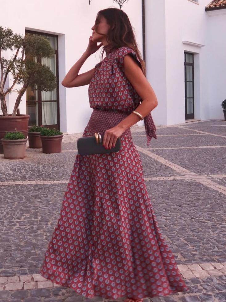 Retro print sjaaltop en vloeiende maxi-rok tweedelige set
