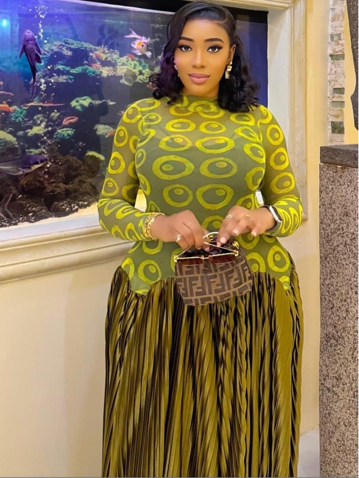 Mesh Panel Retro Pleated Maxi Dress