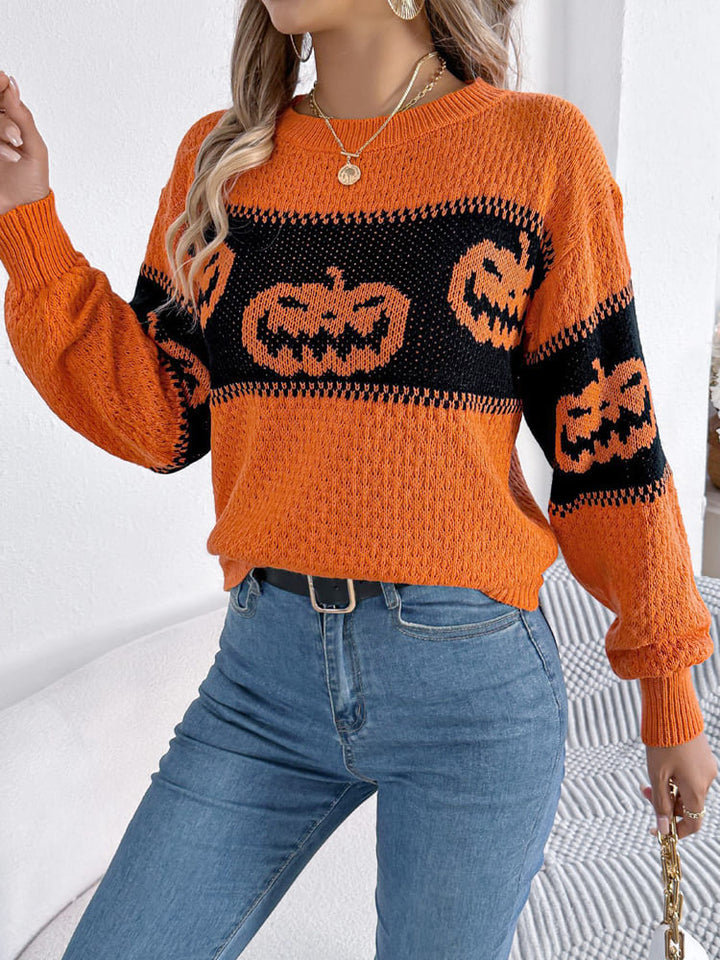 Halloween Pumpkin Head Color-Block Crew Neck strikket genser