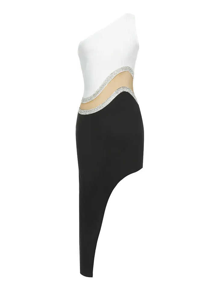 Svart-vit strapless bodycon klänning