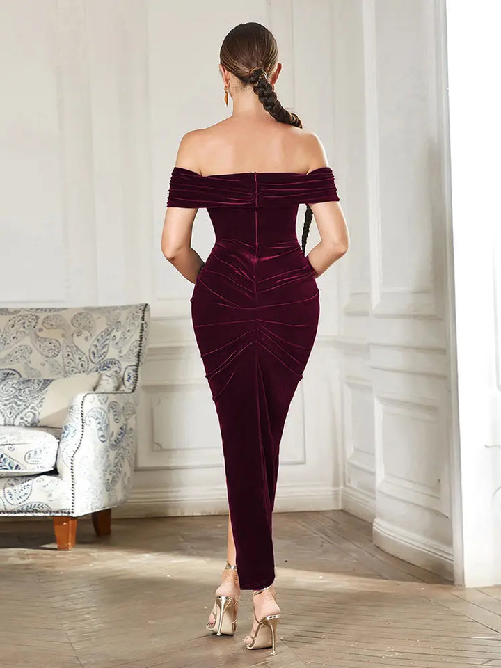 Off-Shoulder Ruched Slit Dress