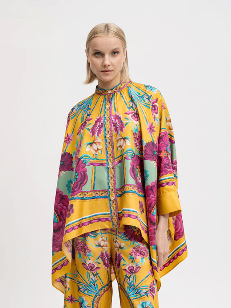 Moderne asymmetrisk print top og bukser sæt