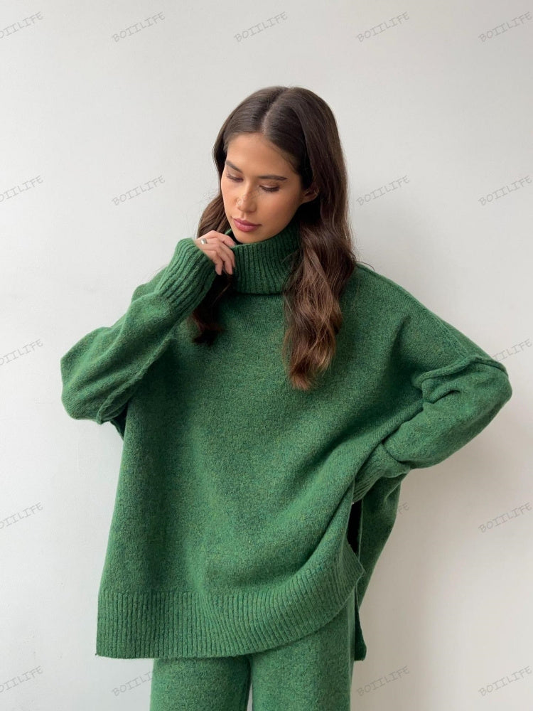 Turtleneck Split Sweater Løs Strik Bukser Sæt