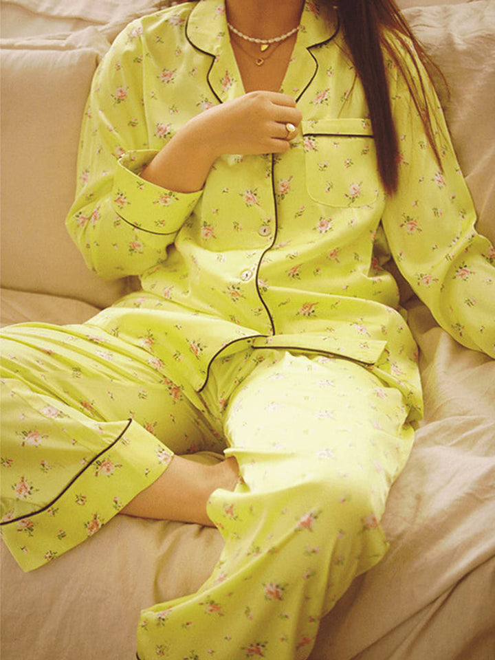 Conjunto de pijama de manga comprida floral verde fluorescente