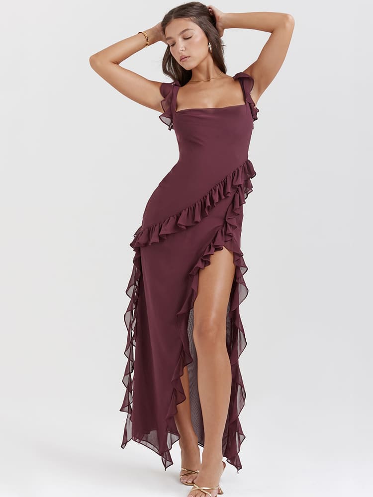 Ruffled Long Maxi Slip Dress - Mulberry