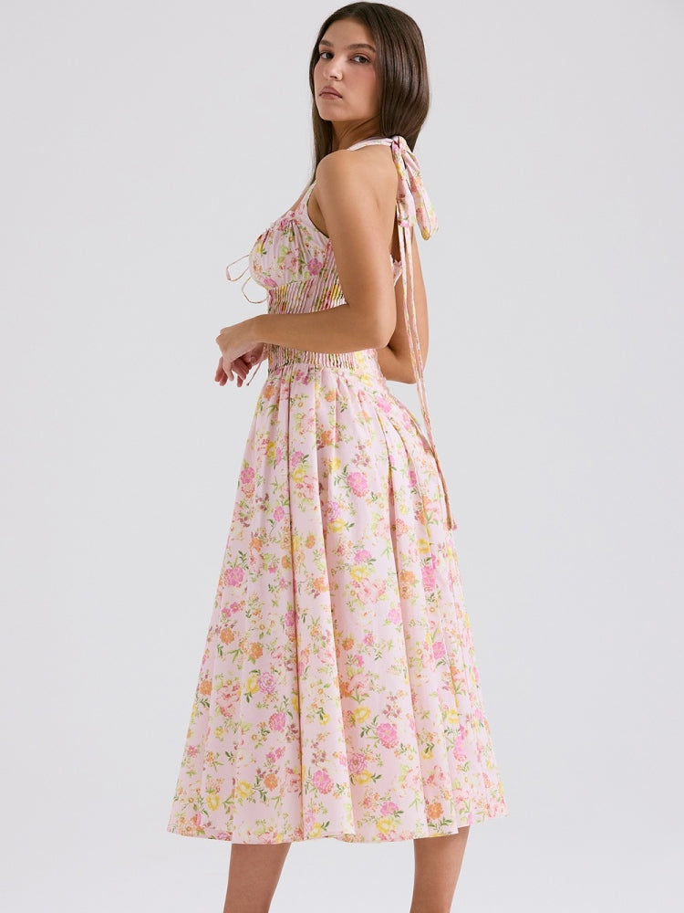 Pink Meadow Print Backless Midi Tank Dress