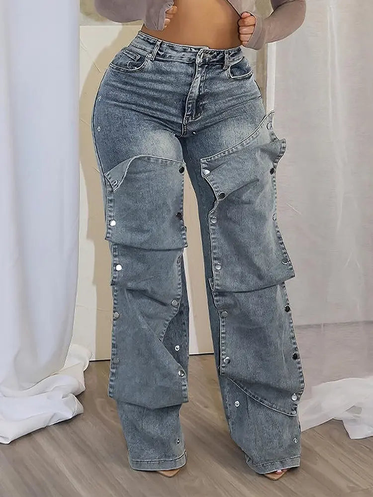 Mode Knappdetalj Löst Jeans