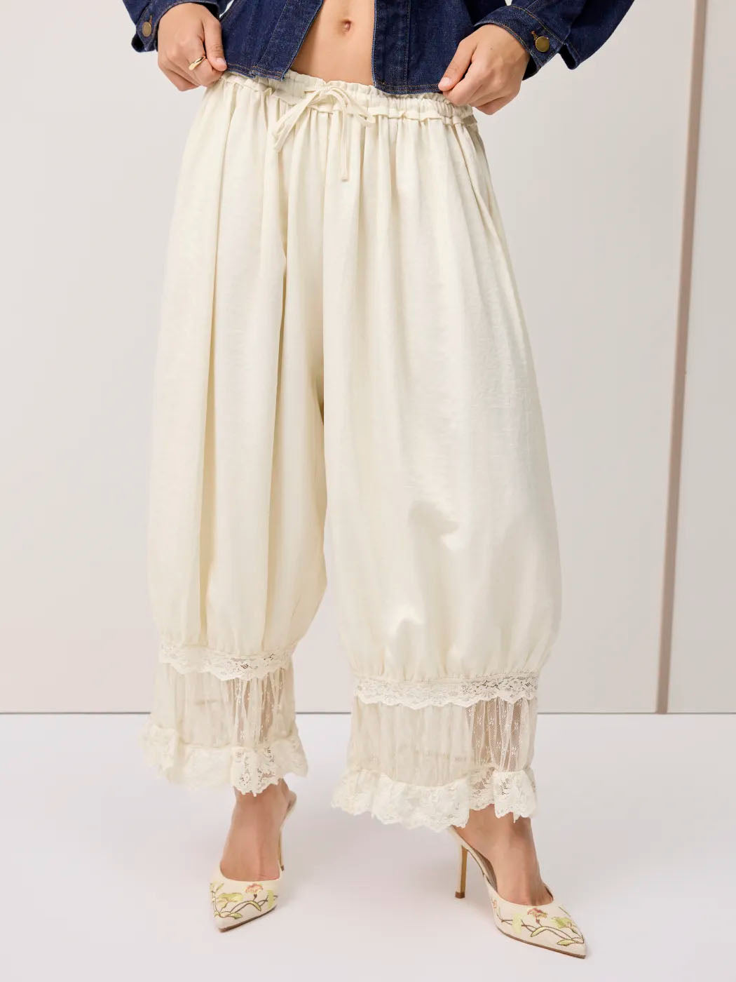Lace Puff Sleeve Blouse & Cropped Bloomer Pants