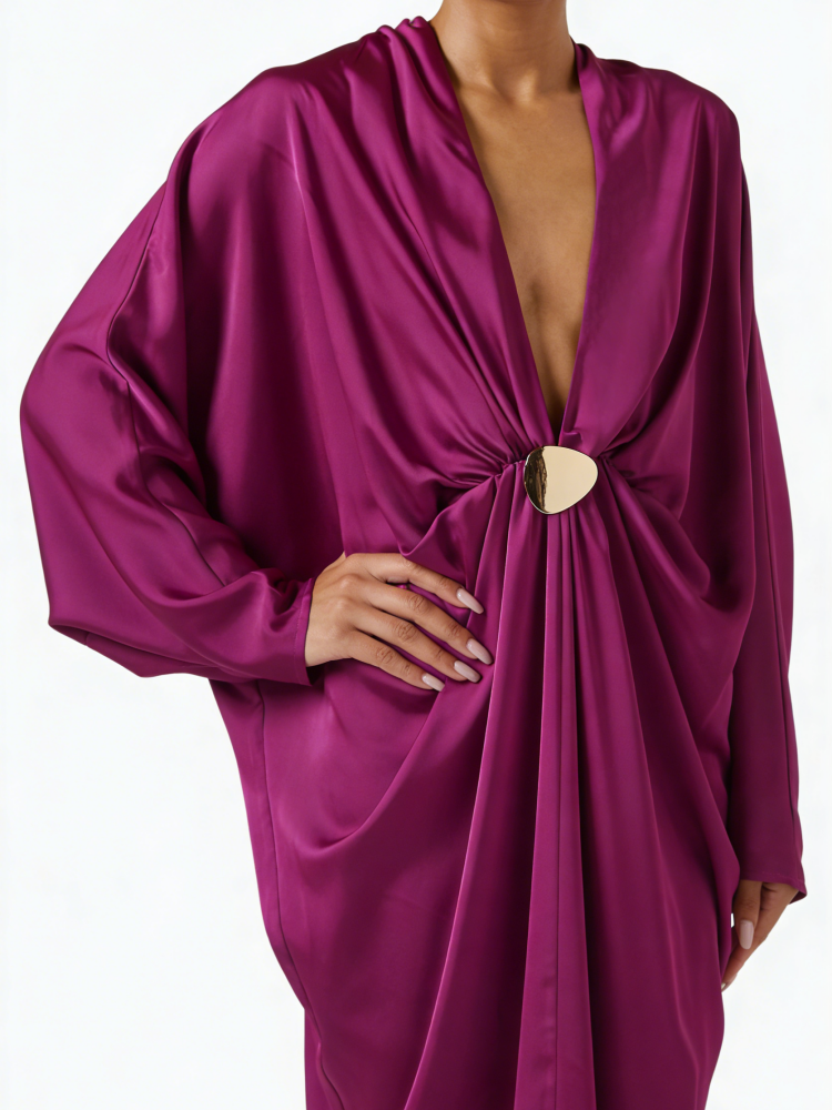 Robe longue col en satin magenta satiné