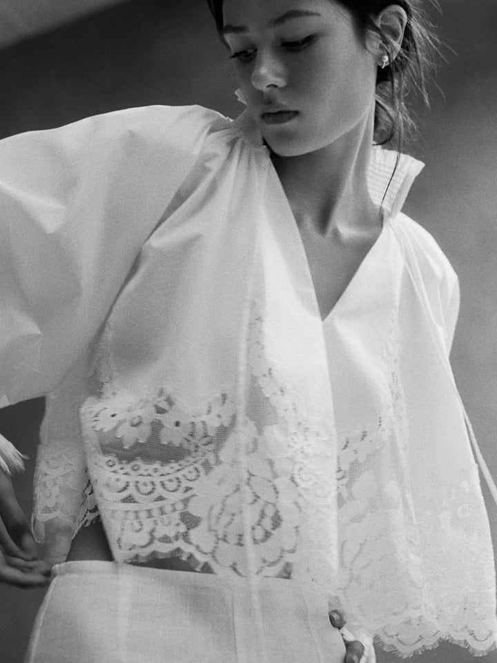 Lace Inset Long-Sleeve Blouse