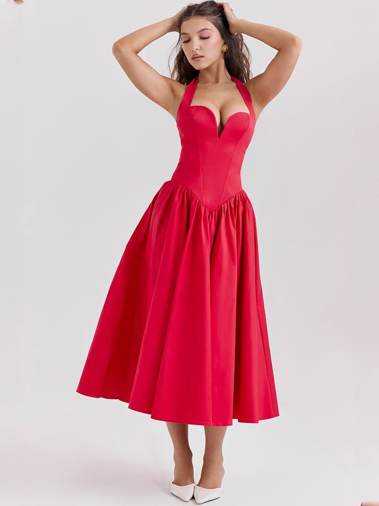 Vestido Midi com Decote Halter e Fenda Lateral - Vermelho Escarlate