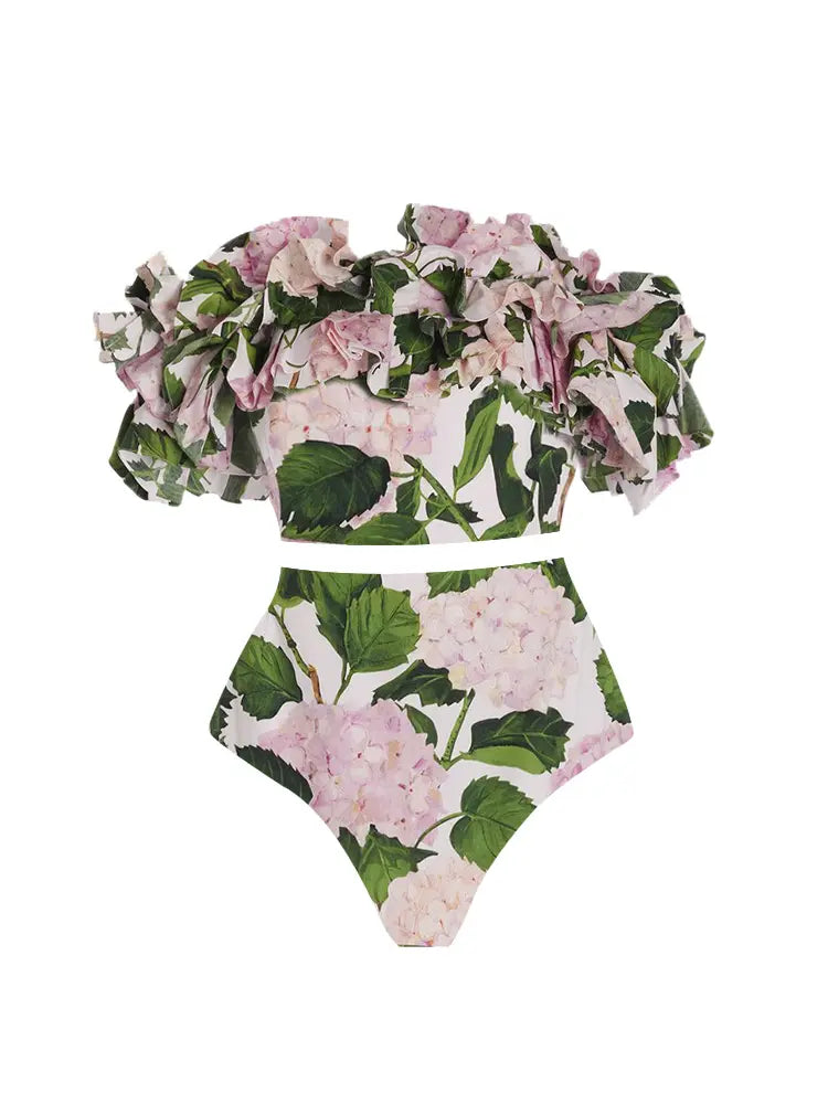 Conjunto de bikini sin tirantes con hortensias con volantes