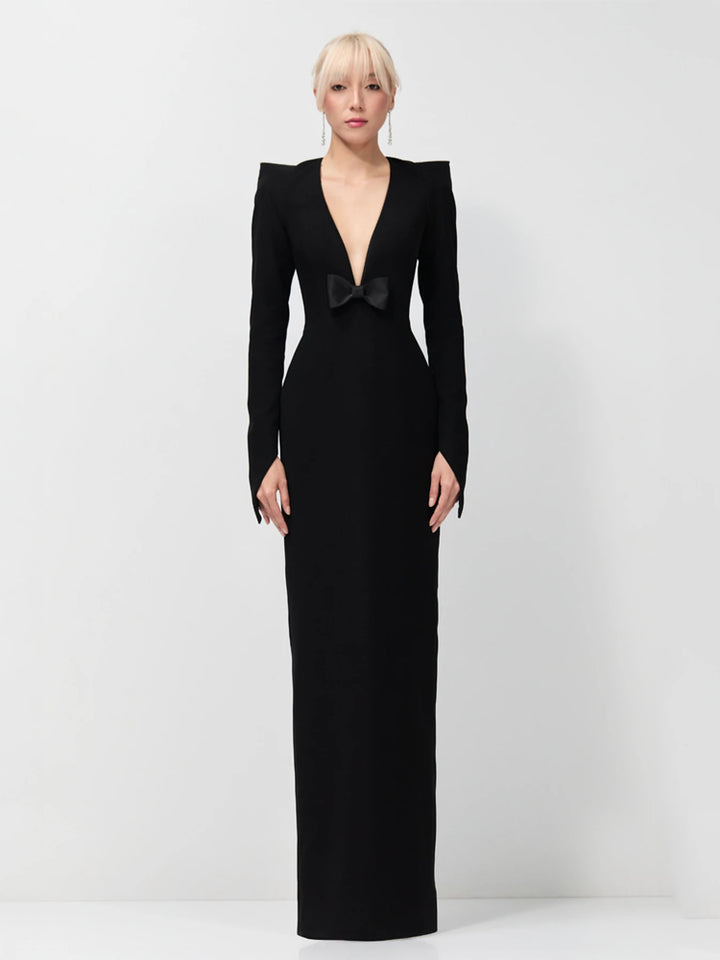 Black Deep V Bow Formal Gown