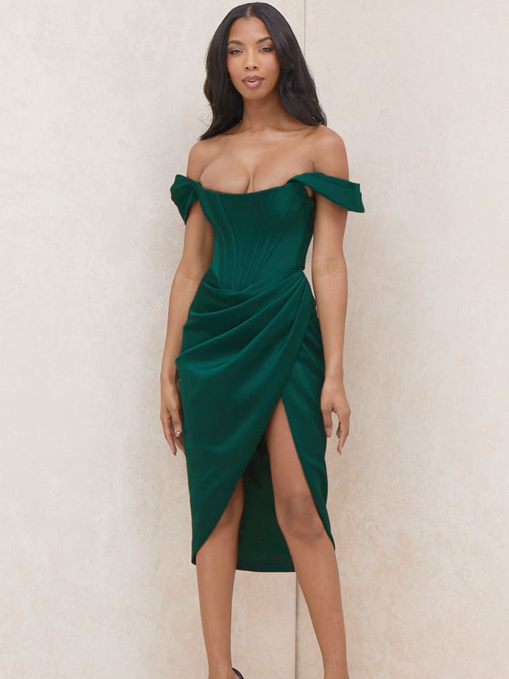 Robe Midi Moulante Corset à Epaules Dénudées - Vert Foncé