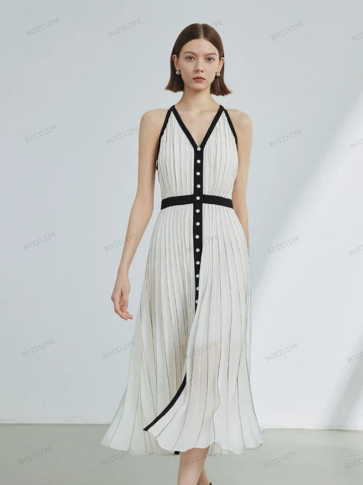 High-End Limited Edition Striped Color-Blocked Sleeveless Dress